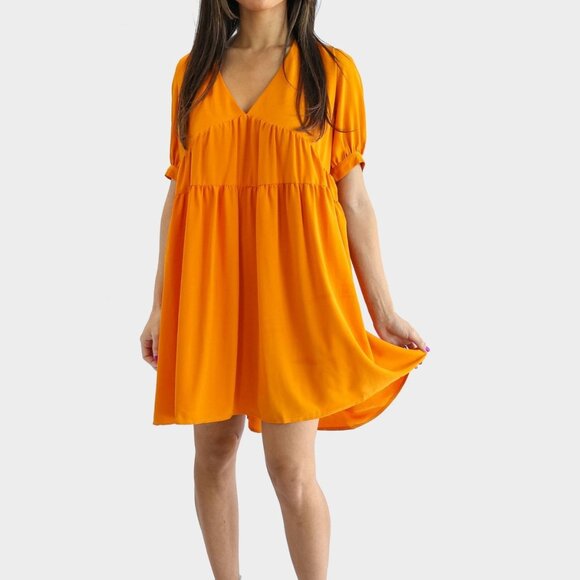 Millennial Pink Tangerine Tiered Puff Sleeve V Neck Dress - Medium - Picture 9 of 9